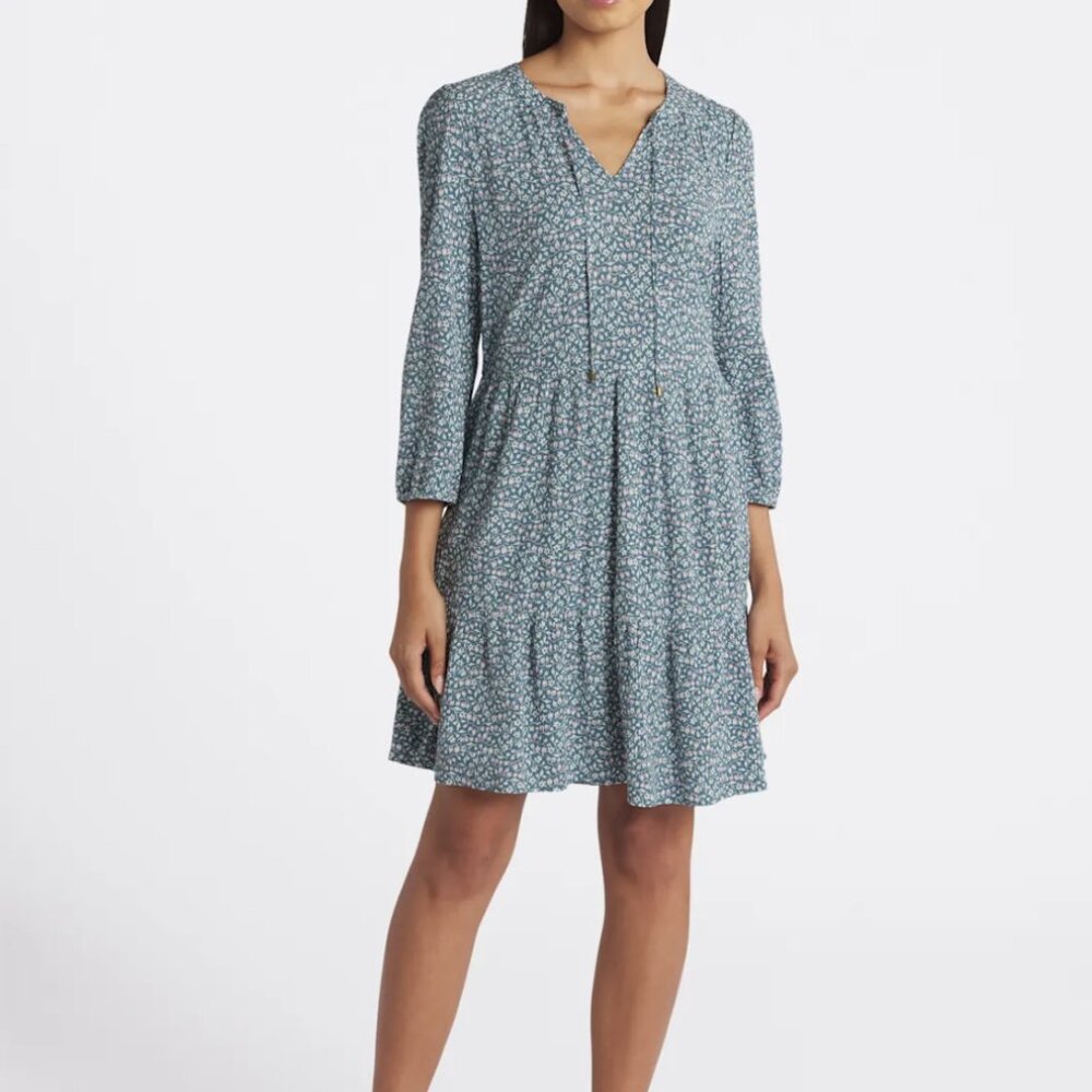 Market & Spruce L Blue Cassi Ruffle Neck Shift Dress